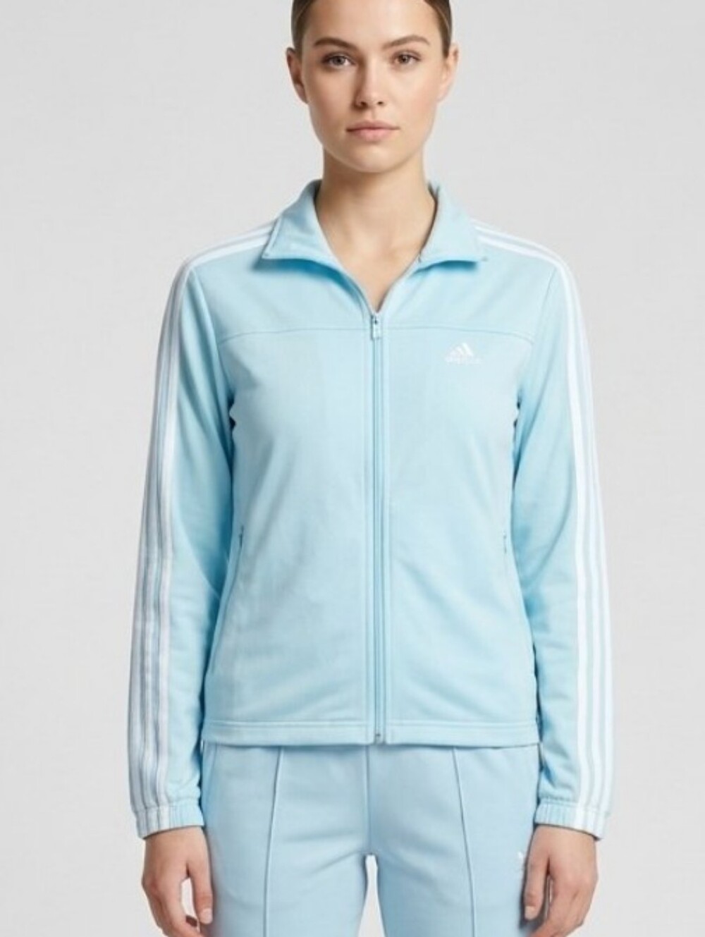 adidas Women's Large Pale Blue Track Jacket with White Sleeve Stripes